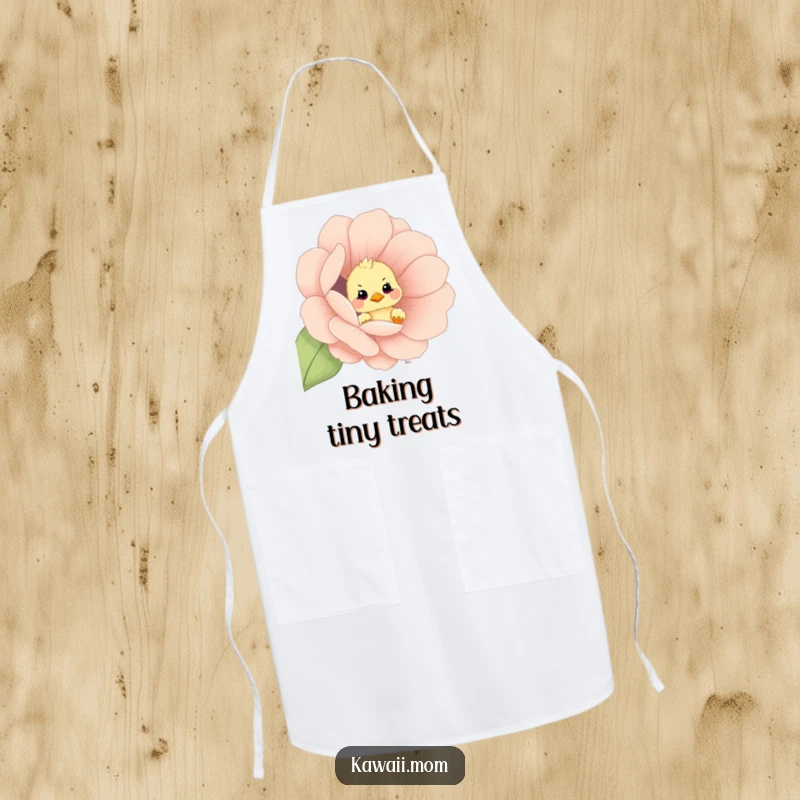 Funny curious chick peeking out from an oversized flower on a practical kitchen apron, a humorous and fun gift.