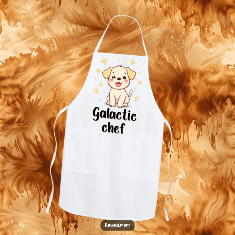 Funny puppy apron showcasing a happy dog wagging its tail amidst sparkling stars, perfect for humorous cooking and baking.