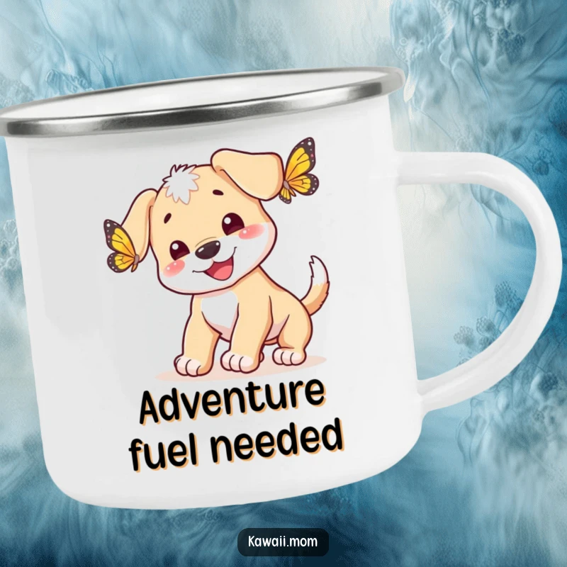Funny happy puppy with a wagging tail chasing a butterfly on a sturdy camping mug, ideal for outdoor fun, a gift.