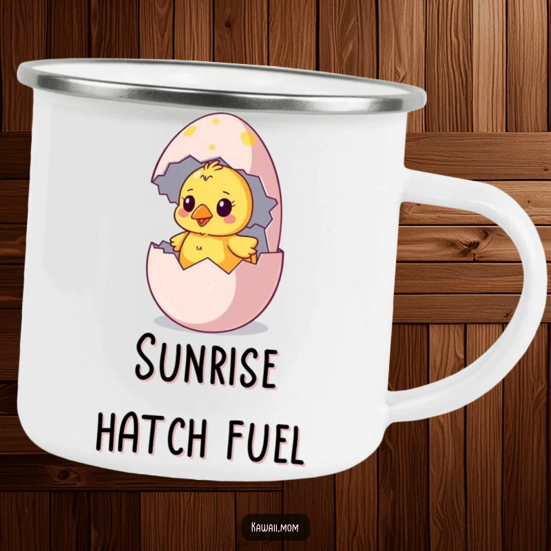 Funny chick camping mug featuring a curious chick hatching from a colorful egg, designed for outdoor fun with humor.