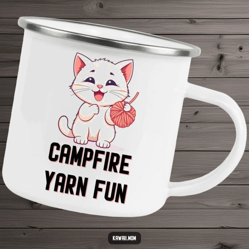 Funny Camping Mug: Enamel cup featuring a happy kitten character playfully batting at a dangling yarn ball, perfect for outdoor fun.