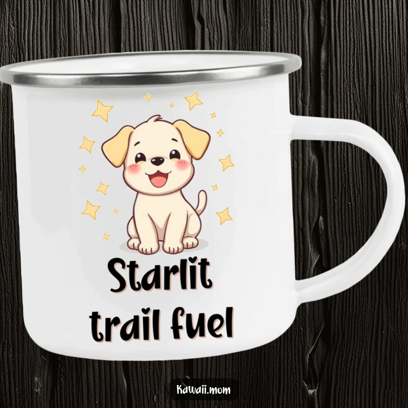 Funny puppy camping mug featuring a happy dog wagging its tail amidst sparkling stars, designed for outdoor fun with humor.