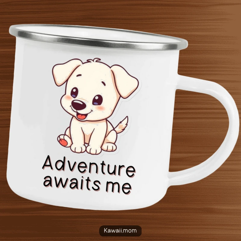 Funny Camping Mug: Enamel cup featuring an excited puppy character with its tail wagging, perfect for outdoor enthusiasts.