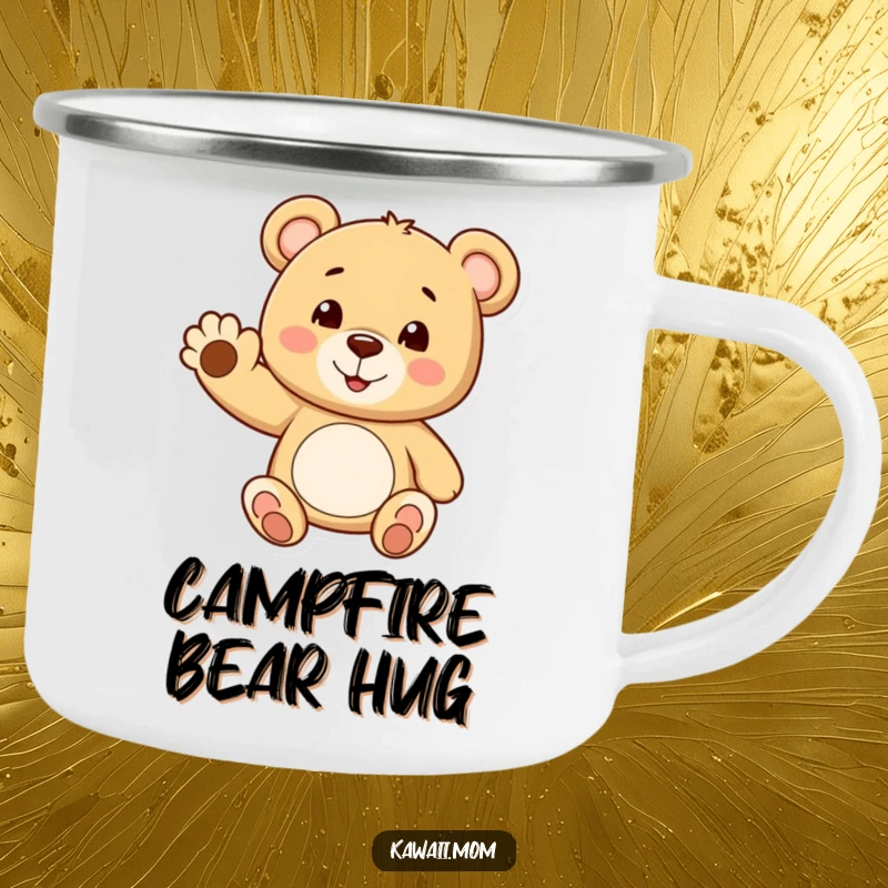 Funny teddy bear camping mug featuring a cheerful bear waving a tiny paw, designed for outdoor fun with warmth.