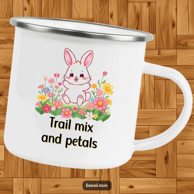 Funny Camping Mug: Enamel cup with a fluffy bunny character joyfully hopping amongst colorful flowers, ideal for outdoor fun.