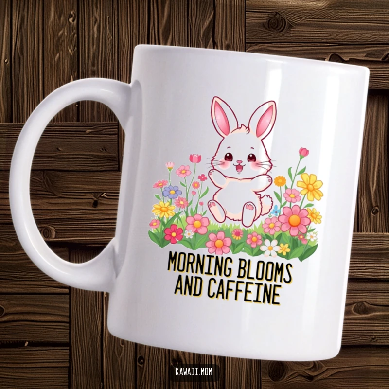 Funny Mug: Fluffy bunny character joyfully hopping through a field of colorful spring flowers, spreading happiness and cheer.