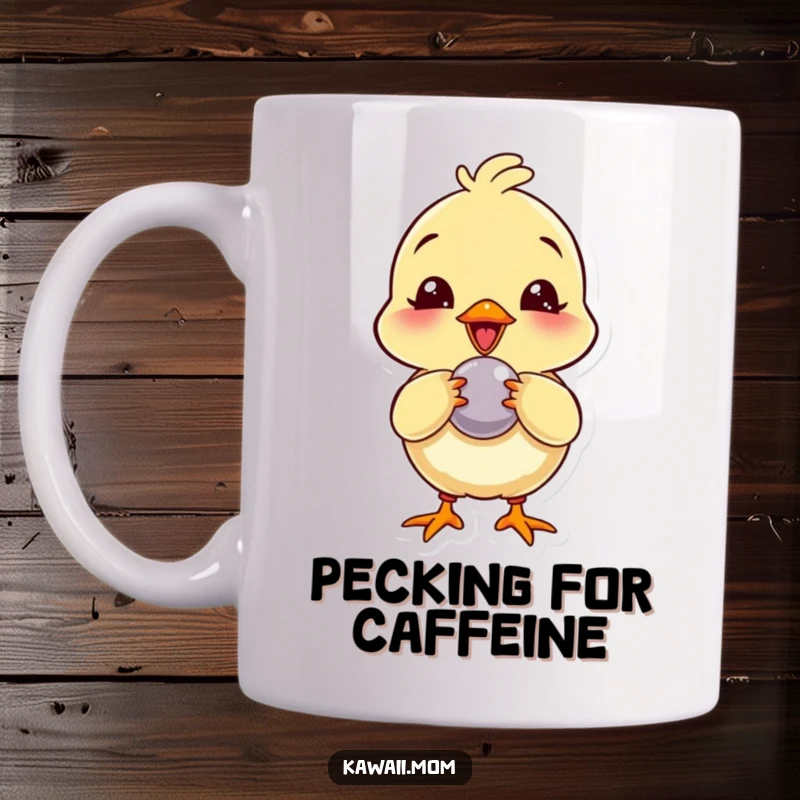 Funny Mug: A giggling chick character playfully pecking at a shiny button, full of curiosity and mischief.