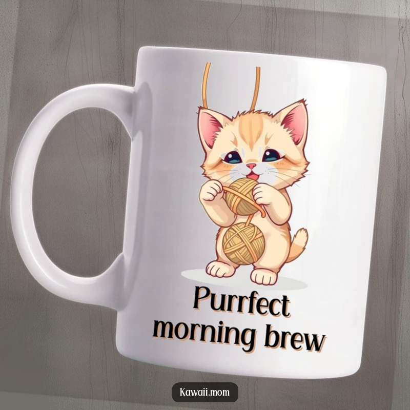 Funny cute kitten playfully batting at a dangling yarn ball on this delightful mug, a purr-fect gift.