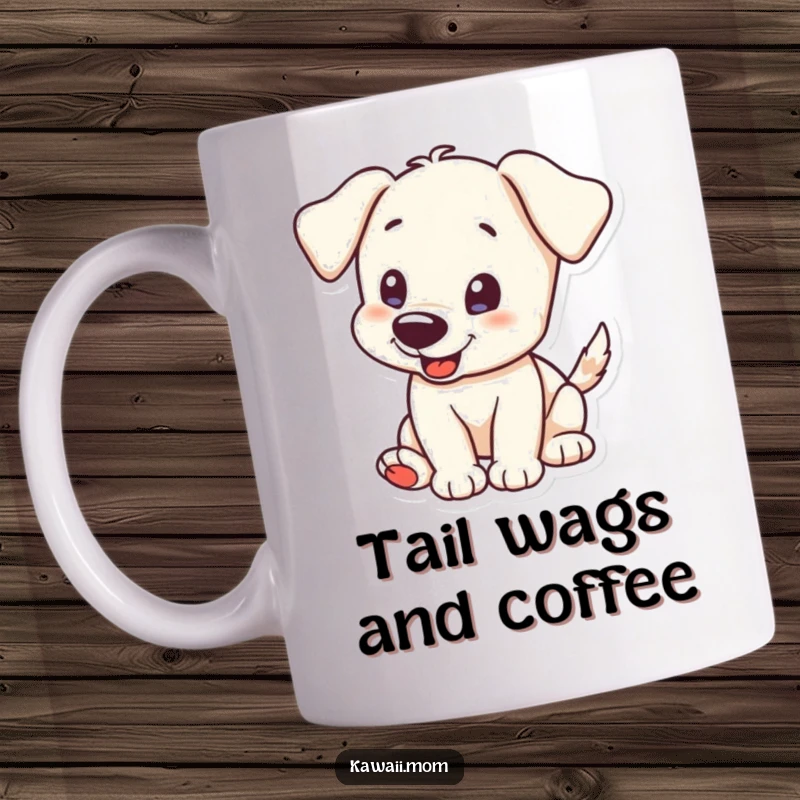 Funny Mug: A curious puppy character enthusiastically wagging its tail, radiating excitement and friendly energy.