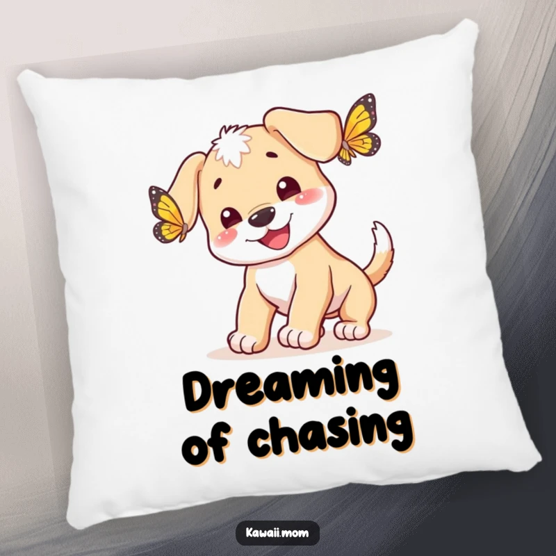 Funny happy puppy with a wagging tail chasing a butterfly, creating a comfortable and decorative pillow, a wonderful gift.