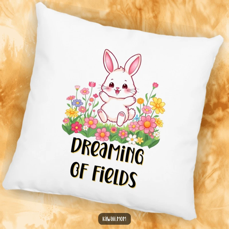 Funny Pillow: Soft plush featuring a fluffy bunny character joyfully hopping amongst beautiful, colorful flowers, adding comfort and charm.