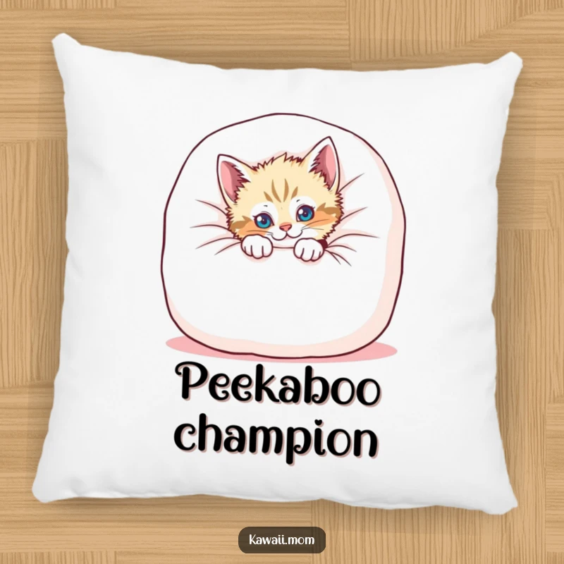 Funny kitten pillow featuring a playful cat peeking from a giant, soft cushion, offering a humorous and cuddly accent.