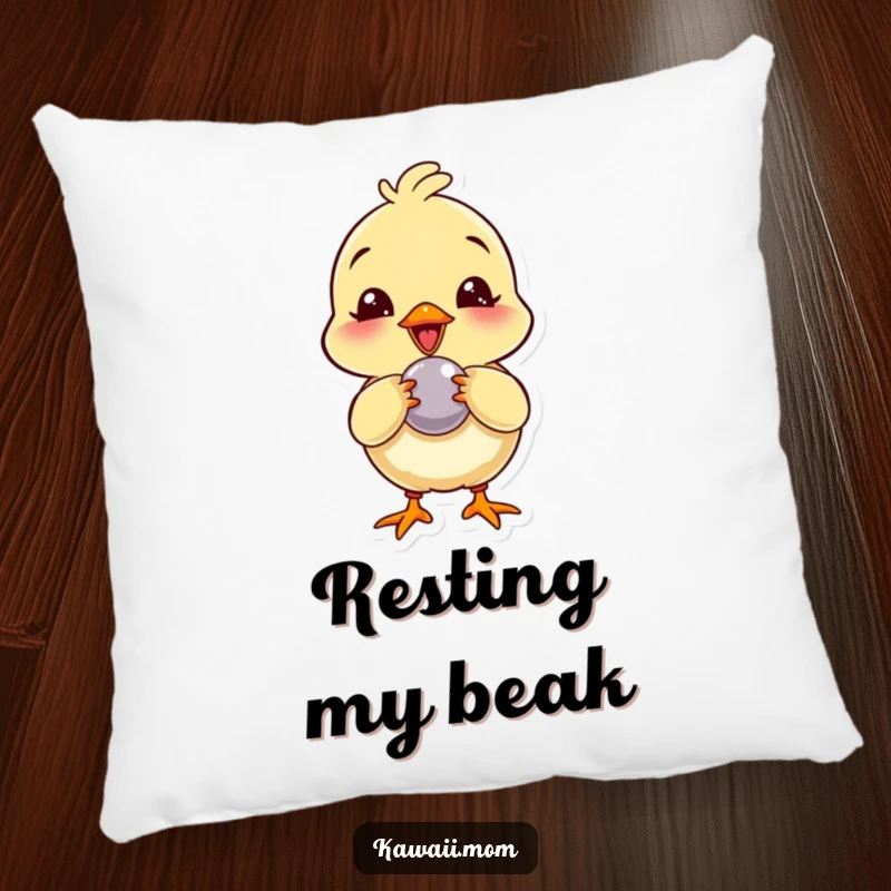 Funny Pillow: Soft plush featuring a giggling chick character playfully pecking at a shiny button, bringing comfort and charm.