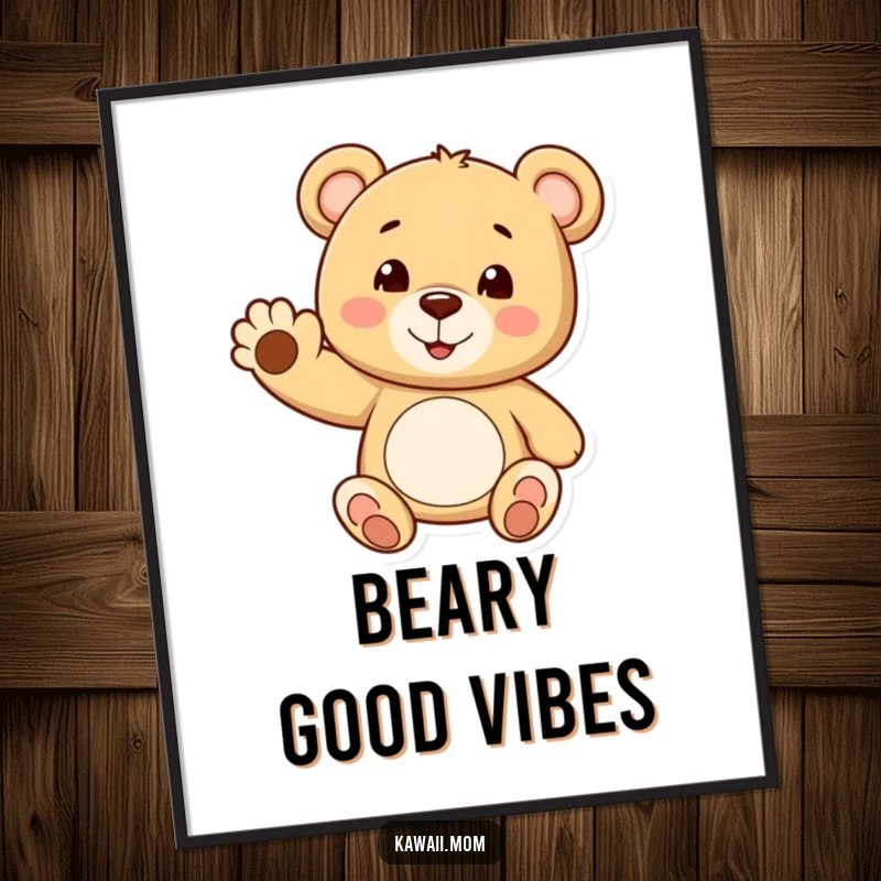 Funny teddy bear digital art print of a cheerful bear waving a tiny paw with a smile, conveying pure warmth.