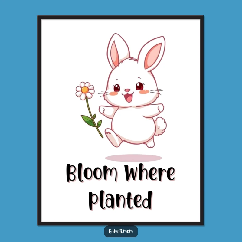 Funny Bunny Flower Hop Digital Art - Cheerful Fluffy Character Print for Instant Joy