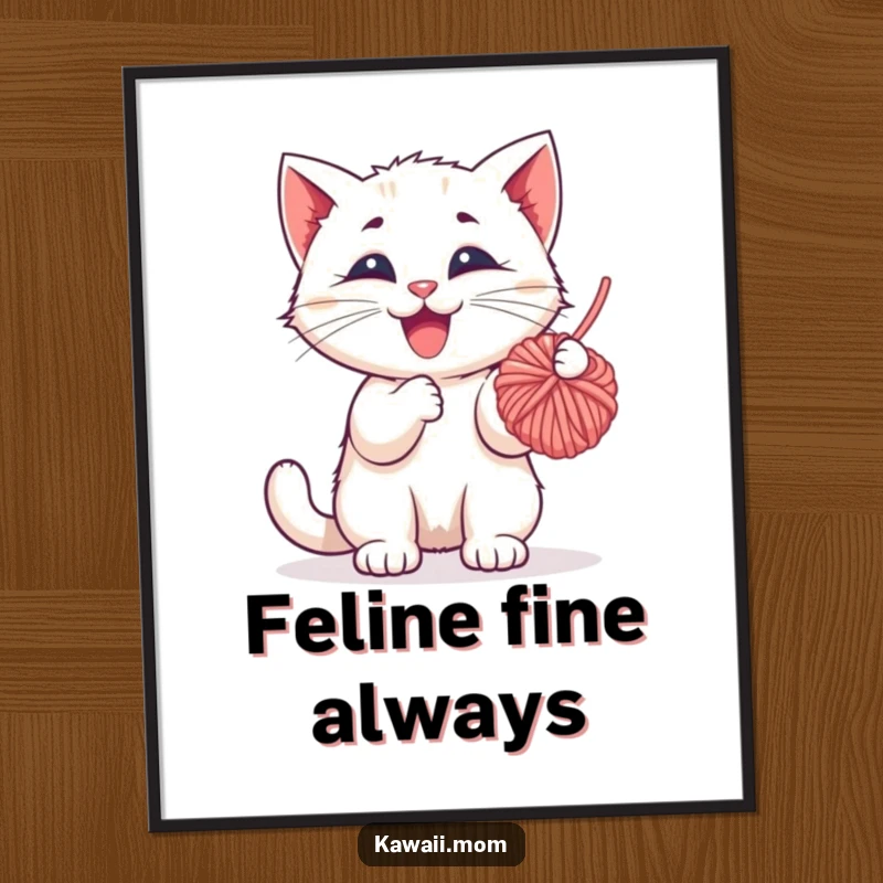 Funny Digital Art: High-quality image of a happy kitten character playfully batting at a dangling ball of yarn, full of motion.