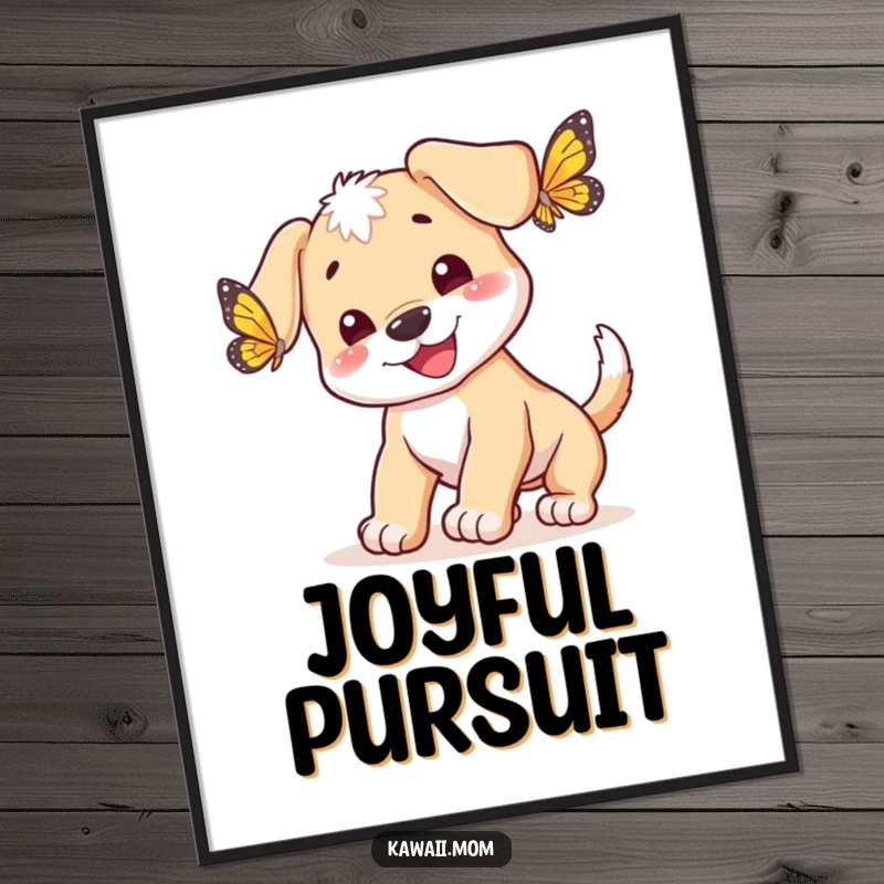 Funny happy puppy with a wagging tail, joyfully chasing a butterfly, presented as a charming digital art print, a delightful gift.