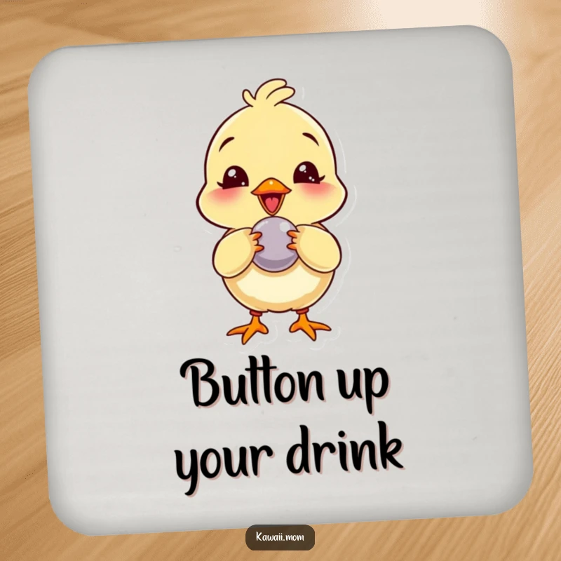 Funny Coaster: A giggling chick character playfully pecking at a shiny button, protecting surfaces with gentle charm.