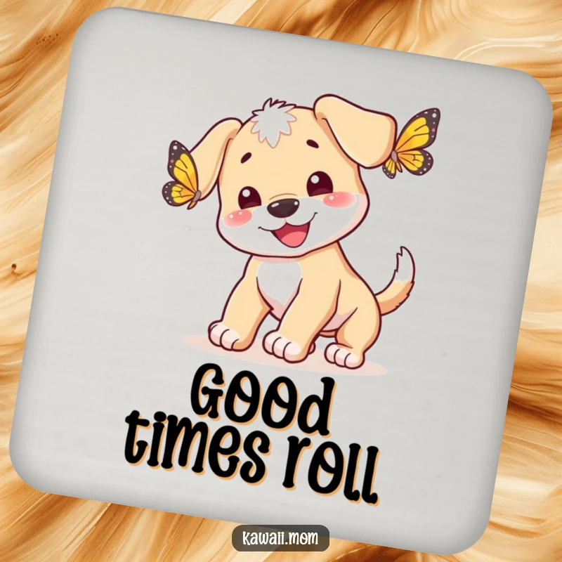 Funny happy puppy with a wagging tail joyfully chasing a butterfly on a protective drink coaster, a charming accessory, a gift.
