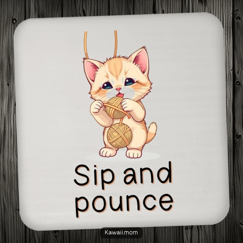 Funny cute kitten playfully batting at a dangling yarn ball on a protective drink coaster, a charming accessory, a gift.