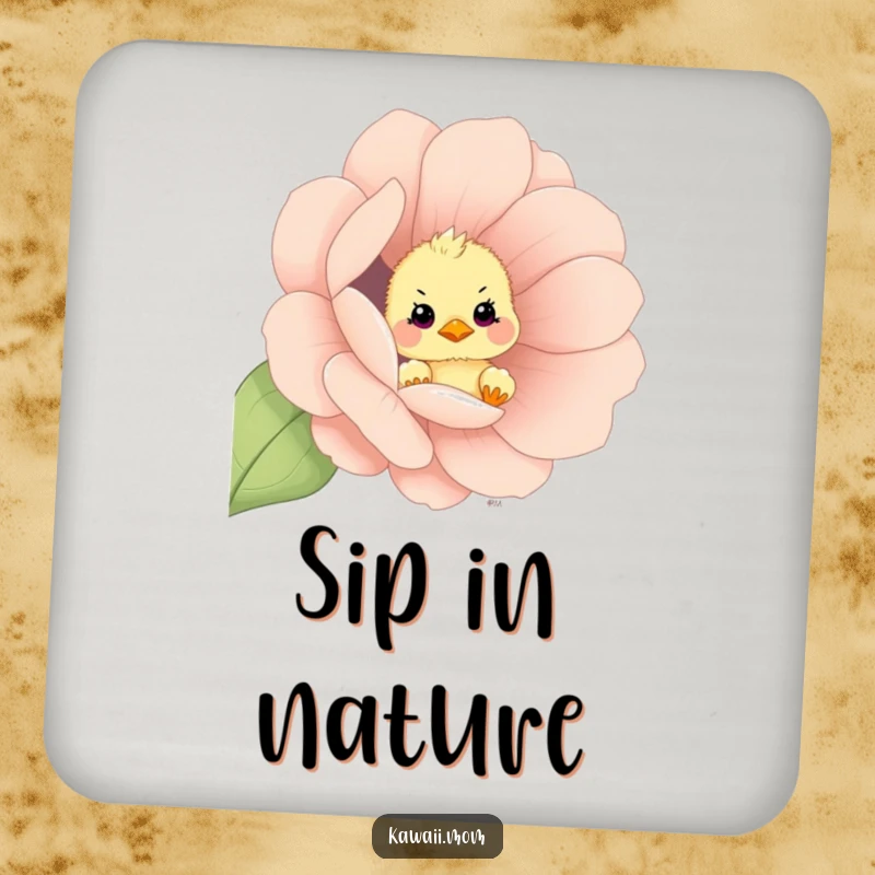 Funny curious chick peeking out from an oversized flower on a protective drink coaster, a charming accessory, a gift.