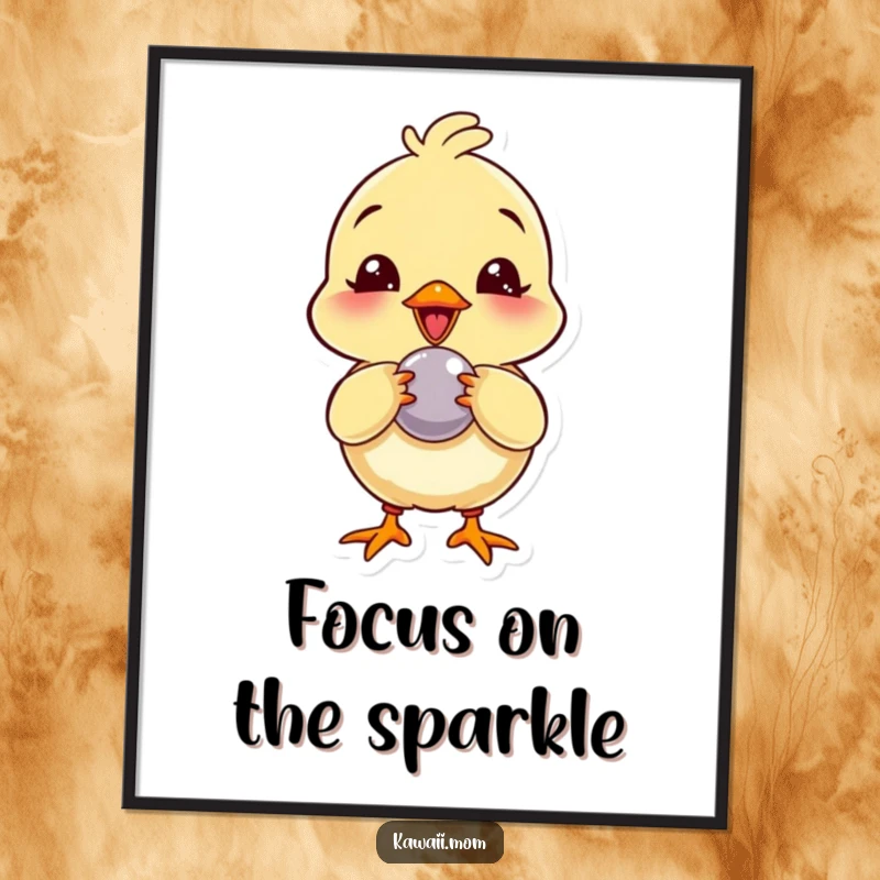 Funny Poster: An adorable chick character giggling while pecking at a shiny button, embodying cheerful curiosity and playfulness.