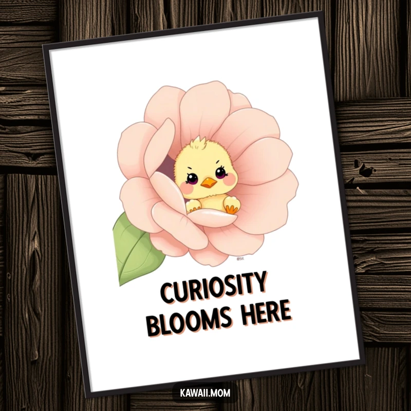 Funny curious chick peeking out from an oversized flower, presented as a charming art print poster, a delightful spring gift.
