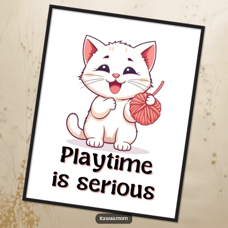 Funny Poster: Adorable kitten character batting playfully at a suspended yarn ball, embodying pure feline mischief and joy.