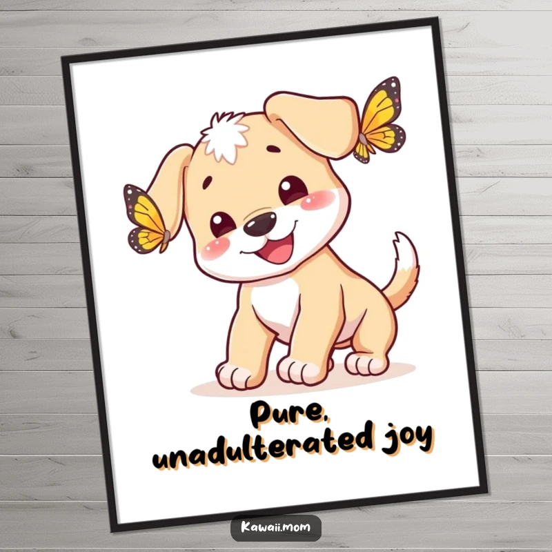 Funny happy puppy with a wagging tail, enthusiastically chasing a butterfly, displayed as a vibrant art print poster, a gift.