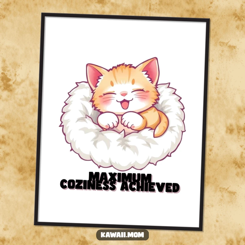Funny Poster: An adorable kitten joyfully rolling over in a soft, fluffy pile, embodying ultimate comfort and contentment.