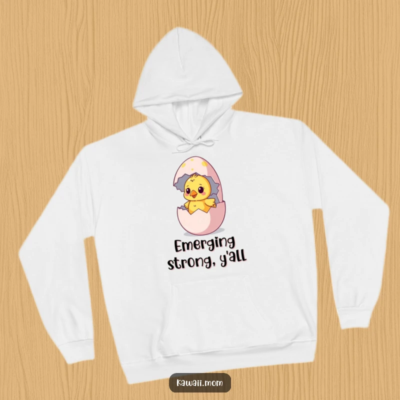 Funny chick hoodie featuring a curious chick hatching from a colorful, oversized egg, offering cozy, humorous vibes.