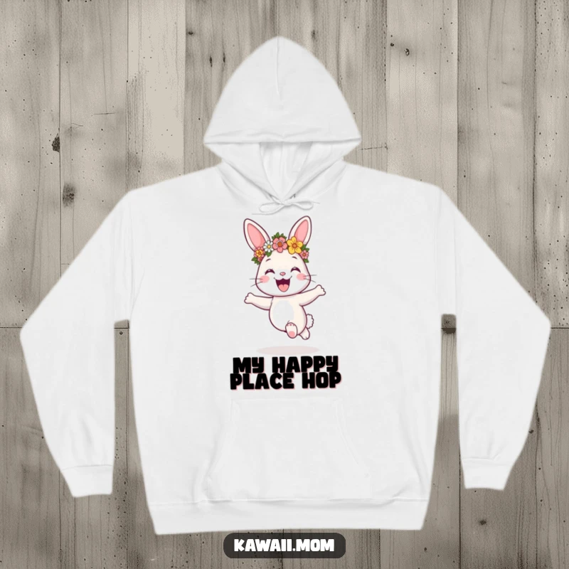 Funny bunny with a flower crown hopping with excitement, depicted on a soft and warm hoodie, a great gift.
