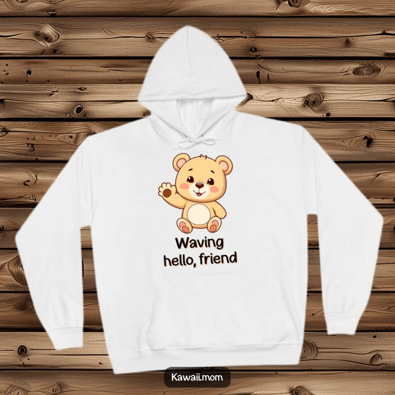 Funny teddy bear hoodie featuring a cheerful bear waving a tiny paw with a smile, offering cozy, humorous comfort.