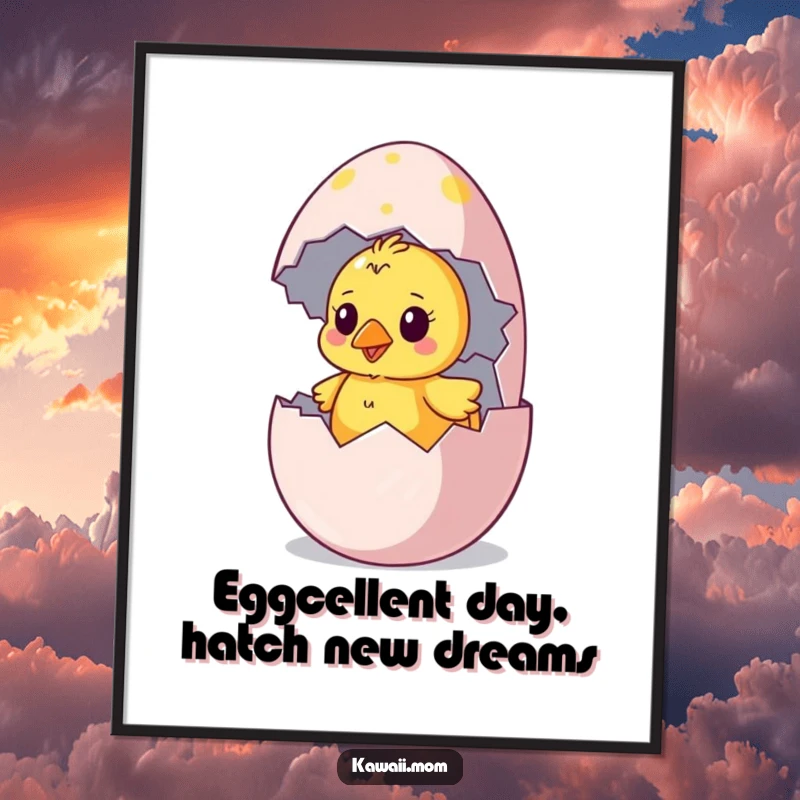 Funny Free Printable Chick Wall Art: A curious chick hatches from a colorful, oversized egg, bringing charm.