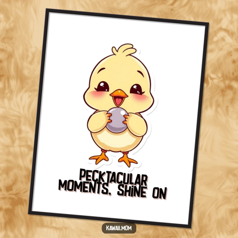 Funny free printable chick wall art, a giggling chick intently pecking at a shiny button.