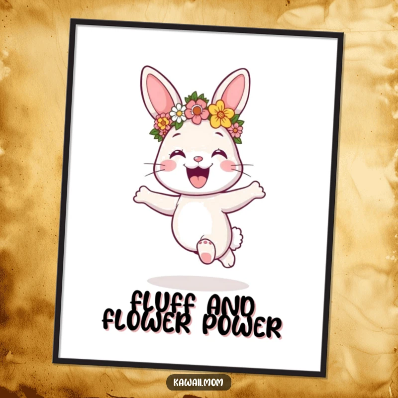 Funny Free Printable Wall Art: A joyful bunny with a flower crown, captured mid-hop in ecstatic celebration.