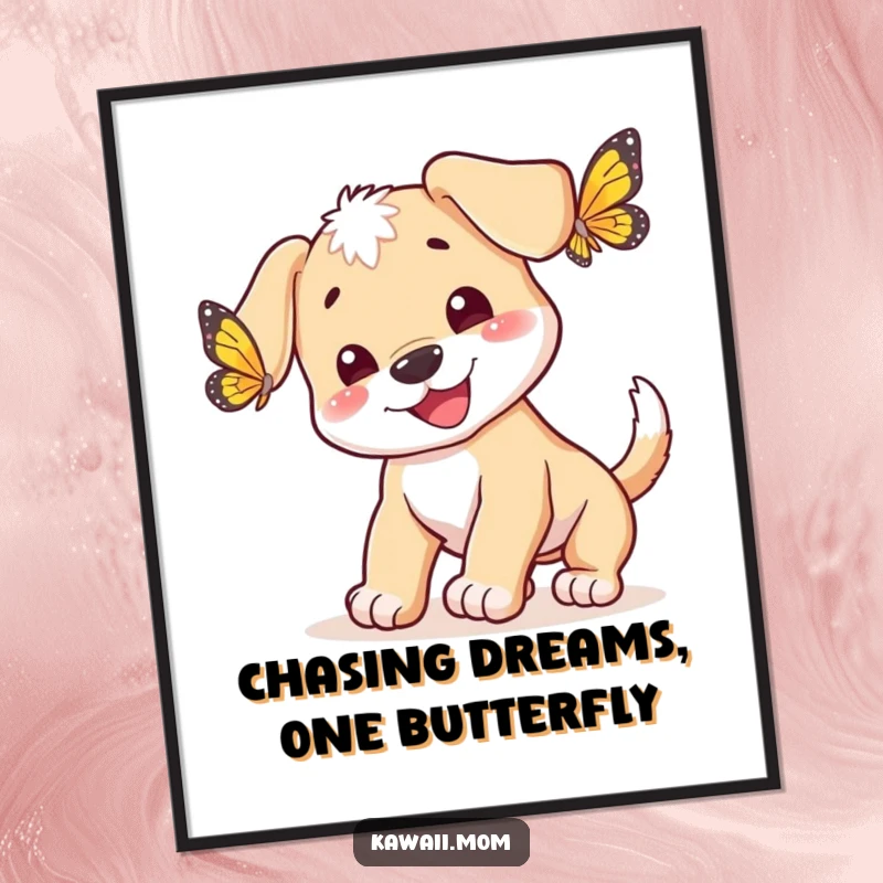 Funny Free Printable Wall Art: A happy puppy with a blurred-motion wagging tail, intensely chasing a butterfly.
