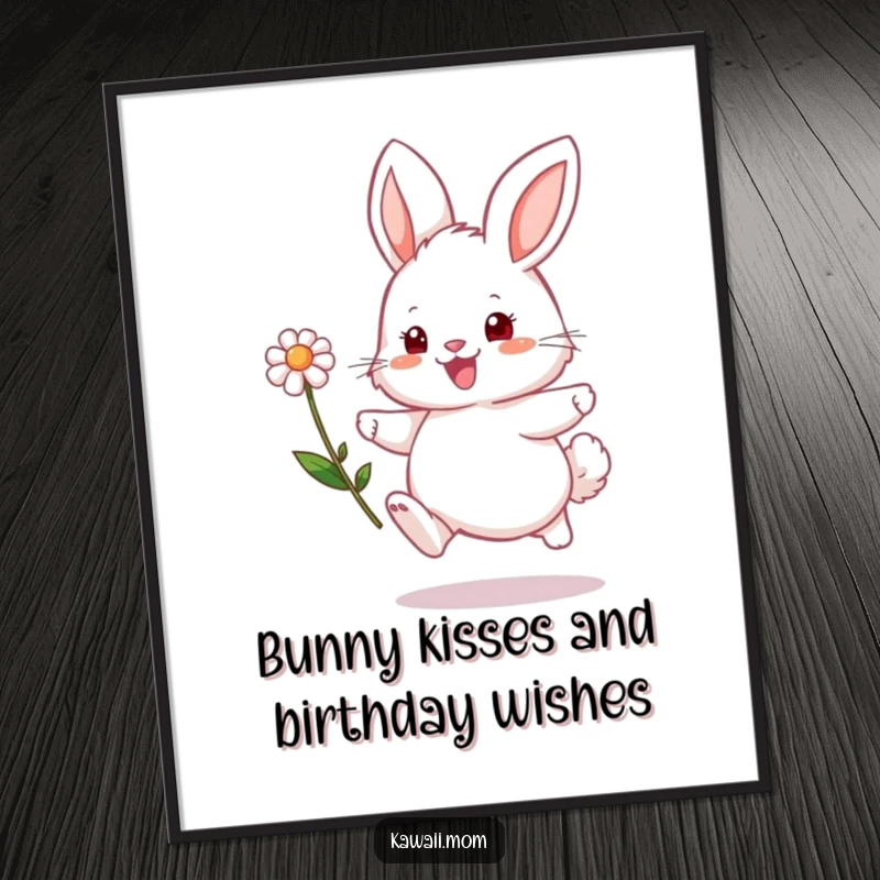 Funny Free Printable Bunny Wall Art: A fluffy bunny hops excitedly with a flower, bringing cheerful vibes.