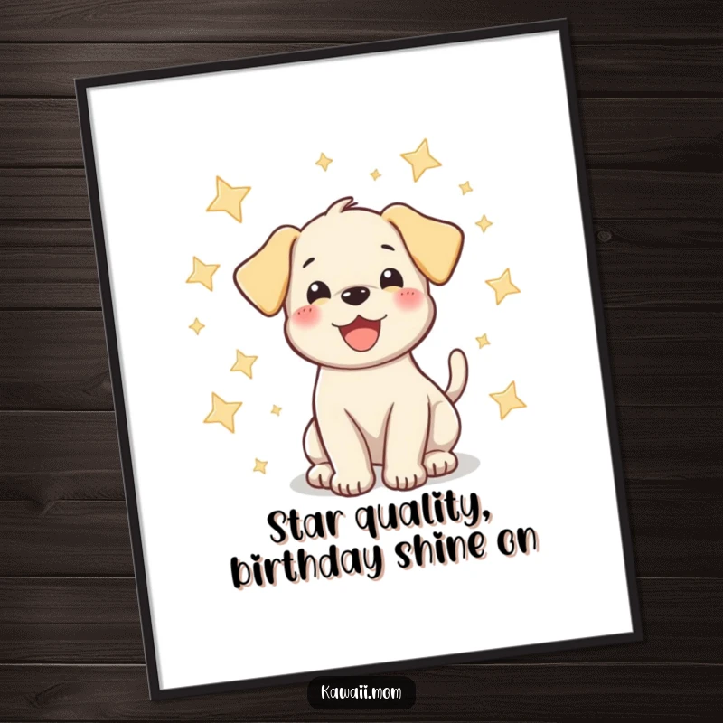 Funny Free Printable Puppy Wall Art: A happy puppy wags its tail, surrounded by sparkling stars, radiating joy.