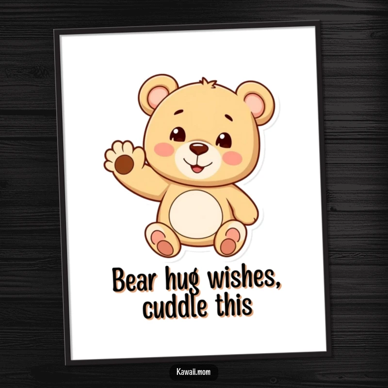 Funny Free Printable Teddy Bear Wall Art: A cheerful teddy bear waves a tiny paw with a smile, radiating warmth.