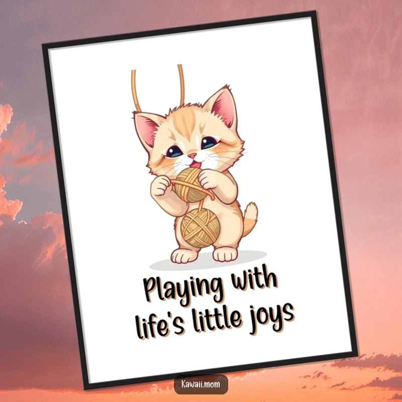 Funny Free Printable Wall Art: A super cute kitten in mid-bat at a dangling ball of yarn, looking mischievous.