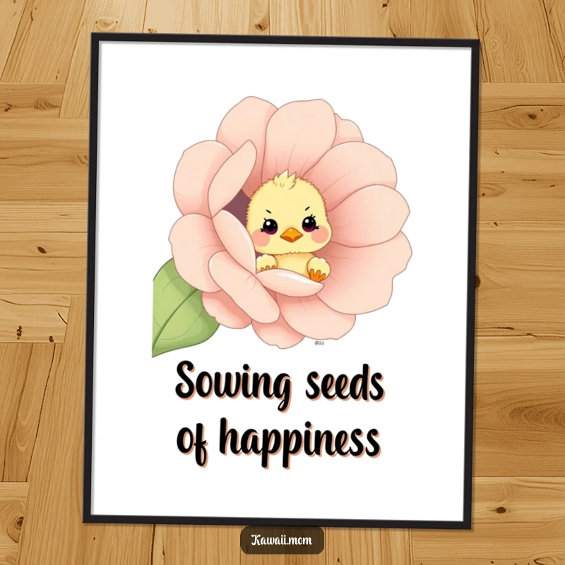 Funny Free Printable Wall Art: A curious chick with wide eyes, peeking out from the center of an oversized flower.