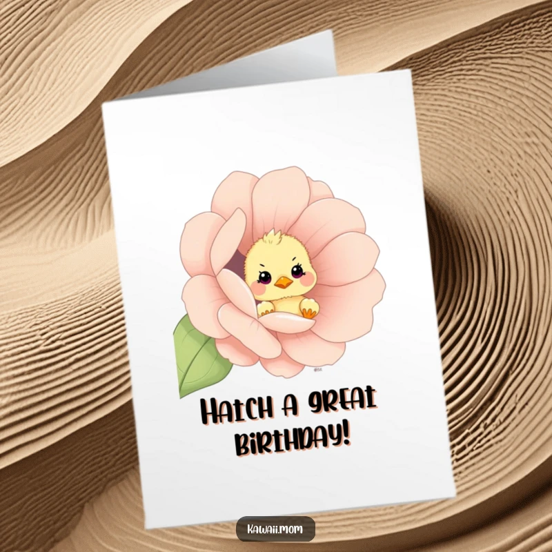 Funny Free Printable Birthday Card: A curious chick peeking out from behind a large, colorful flower.
