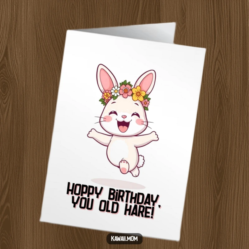Funny Free Printable Birthday Card: Excited bunny with flower crown, mid-hop, spreading birthday cheer.