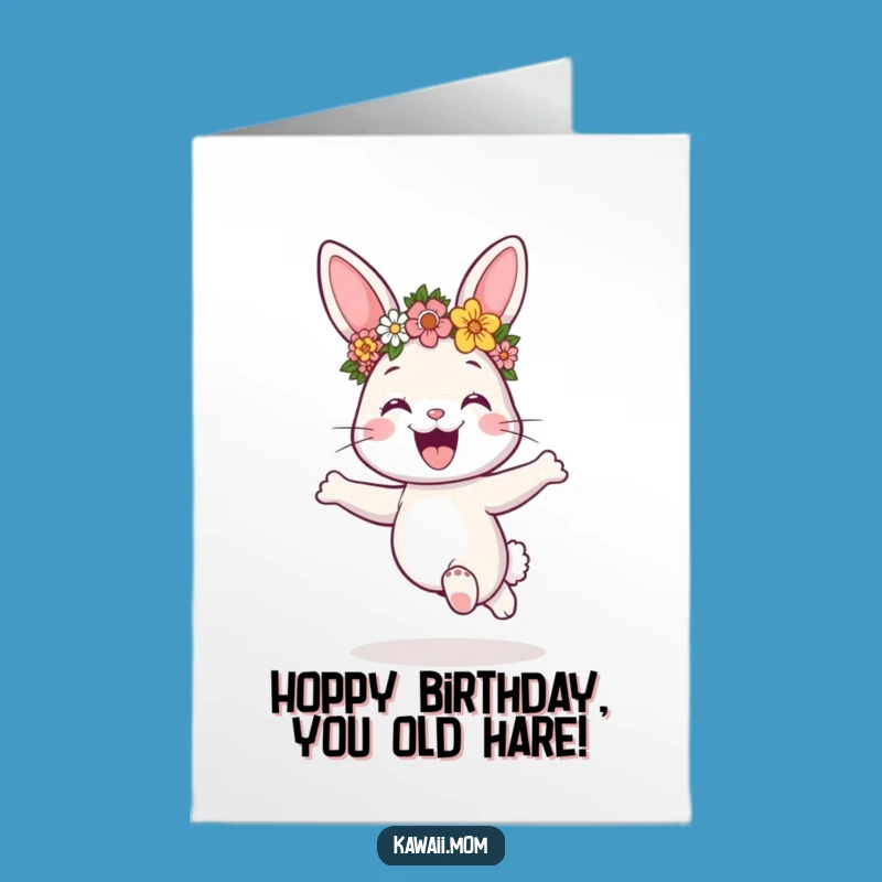 Free Printable Birthday Card: Joyful Bunny Flower Crown Hop Funny Downloadable Gift