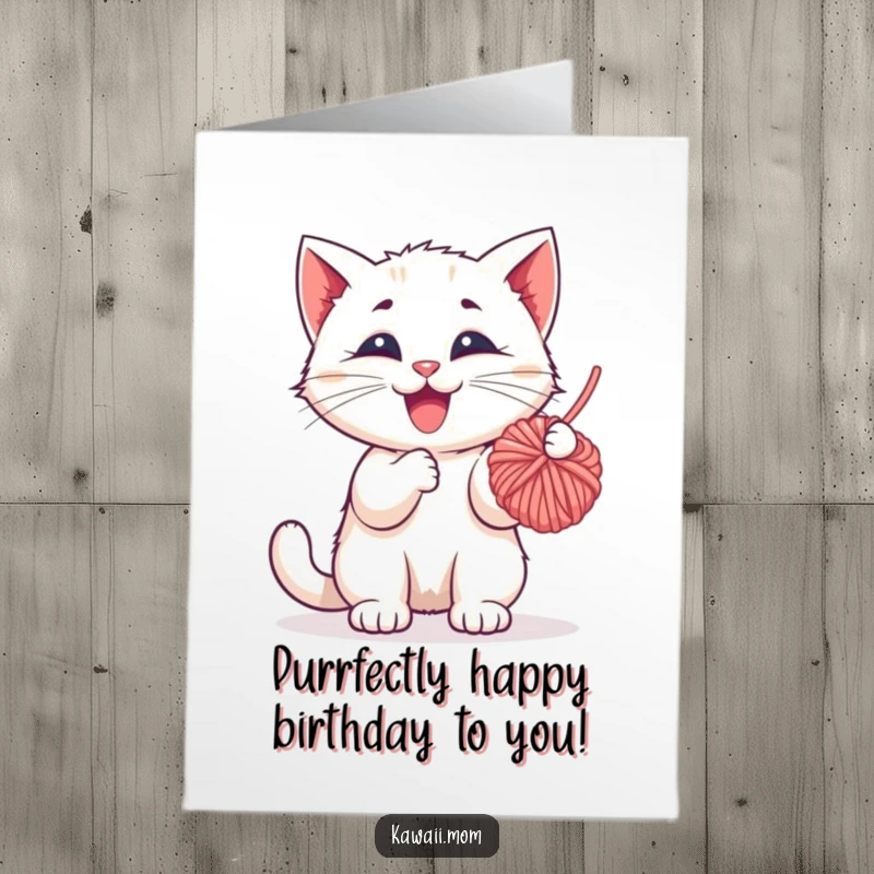 Funny free printable kitten birthday card, a happy kitten playfully swatting at a colorful dangling yarn ball.
