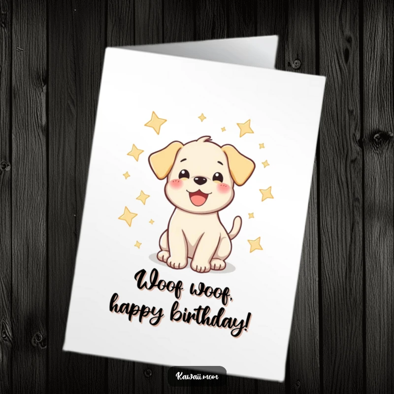 Funny Free Printable Puppy Birthday Card: Happy puppy wags tail amidst sparkling stars, celebrating joyfully.