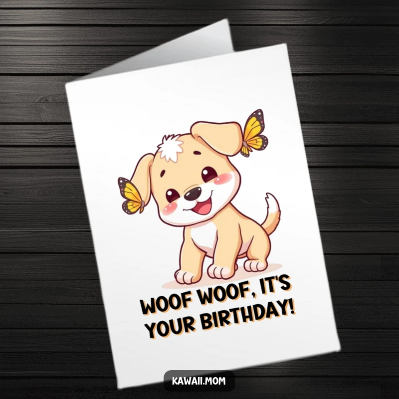 Funny Free Printable Birthday Card: Energetic puppy with wagging tail joyfully chasing a colorful butterfly.