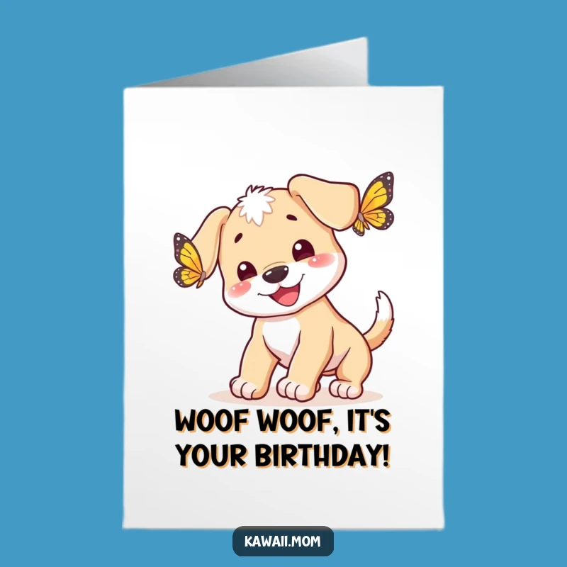 Free Printable Birthday Card: Puppy Butterfly Chase Funny Downloadable Gift