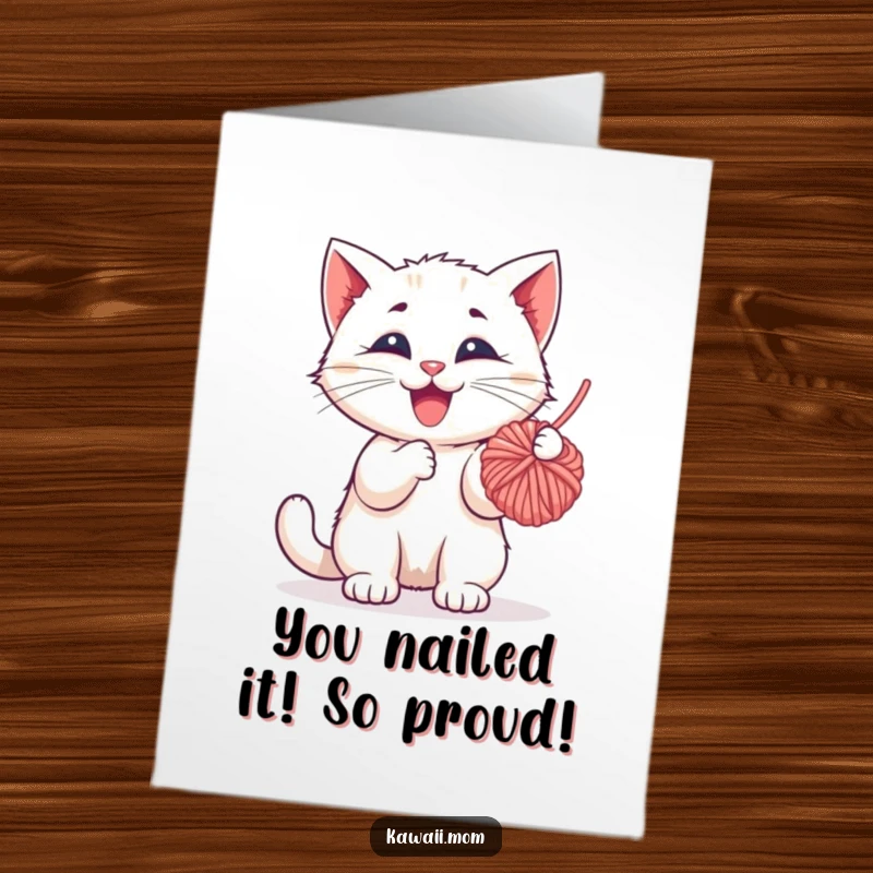 Funny free printable kitten congratulations card, a happy kitten playfully batting a bright red yarn ball.